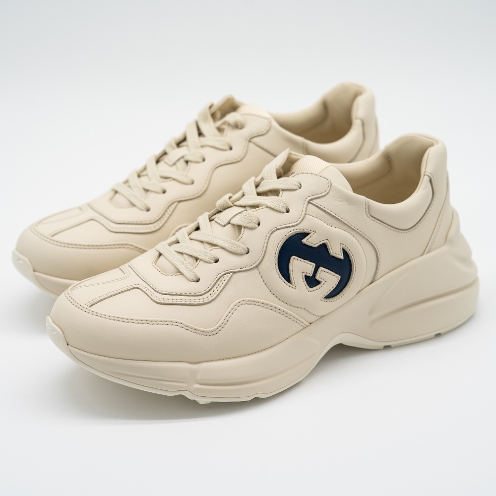 size 12.5G 13 US Gucci Rhyton Ivory Blue GG Cut Out Logo Leather Sneakers
